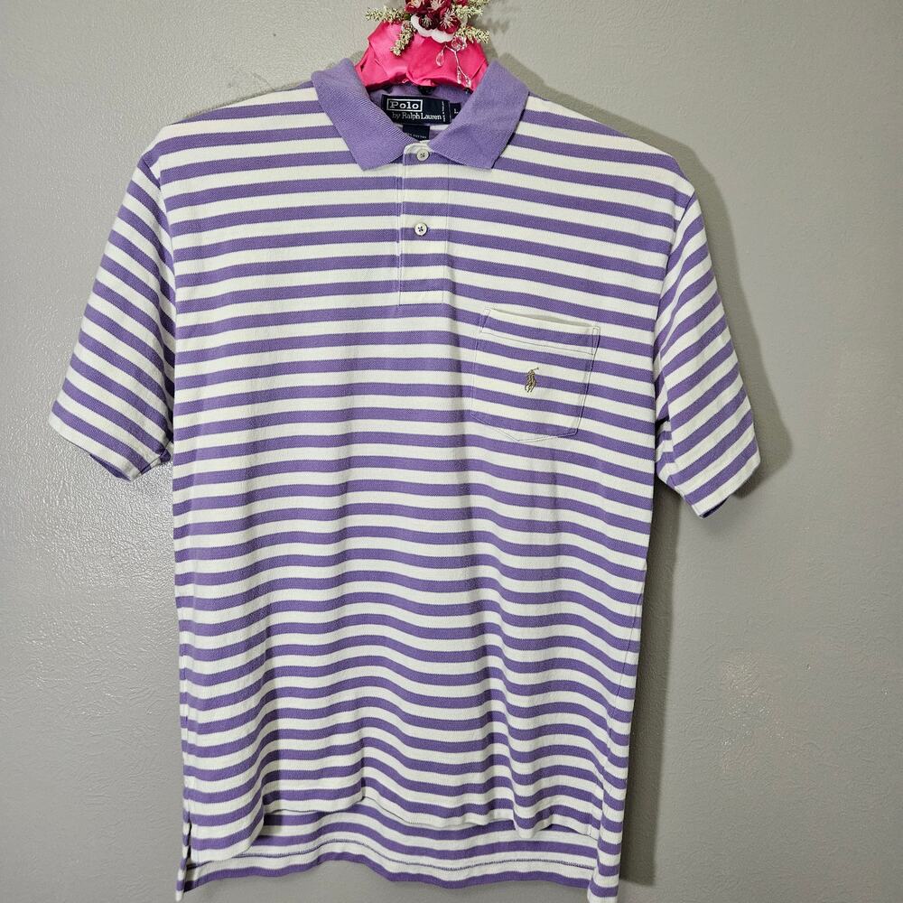 Polo Ralph Lauren Striped Polo Shirt Men L Purple White 100% Cotton Vintage